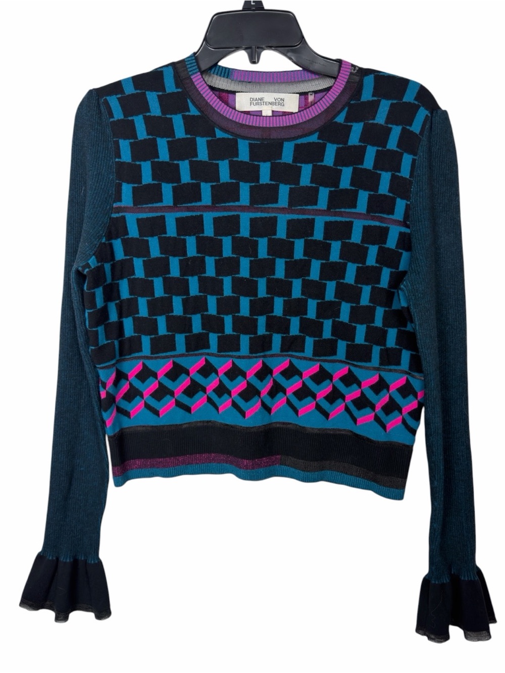 Diane Von Furstenberg NWOT Eliza Geometric Jacquard Sweater Blue 3D Size Large.